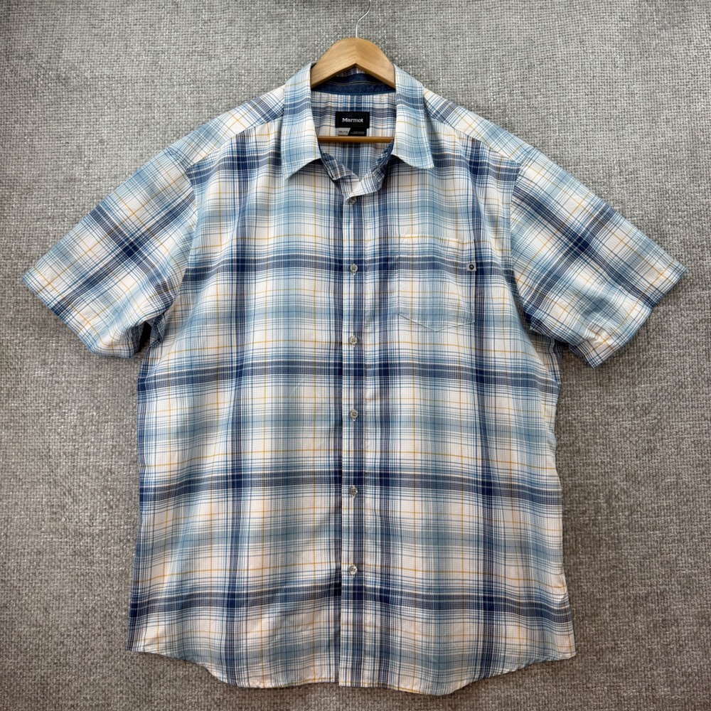Marmot Button Up Shirt Mens XXL Blue Plaid Short Sleeve Casual Active‎ Pocket